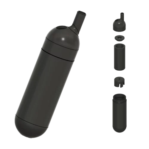 Teleskopdarstellung der Teile und vollständig zusammengesetzte 3D-druckbare, versenkbare Pumpe in Schwarz.